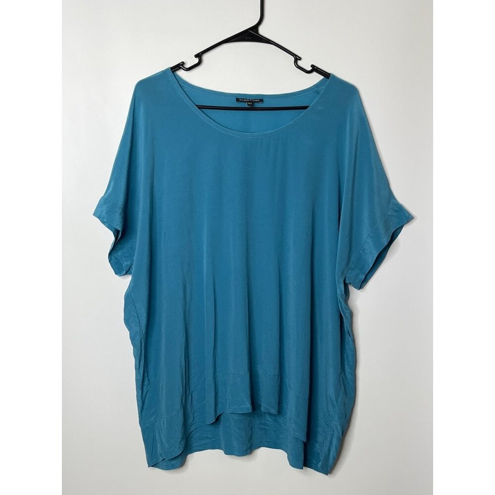 EIleen Fisher 100% Silk Vibrant Blue Scoop Neck Drop Shoulder Oversized Blouse S
